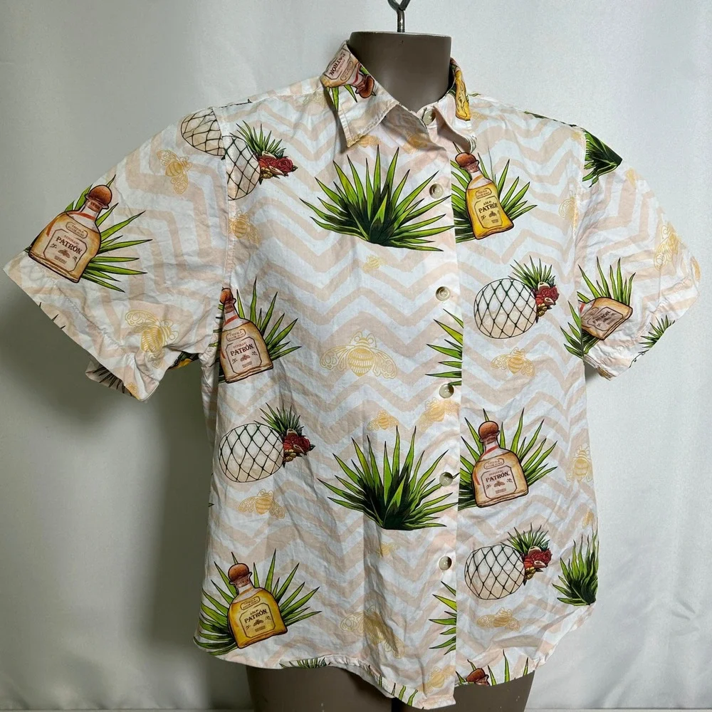 Patron Tequila Bottle Simply Perfect Button Down Beige Hawaiian Shirt Women's XL